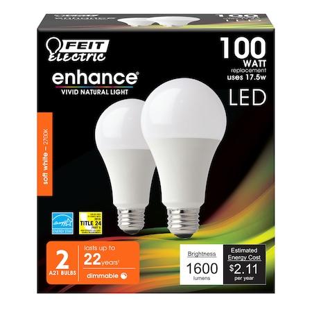 Feit Electric Feit A19 E26 (Medium) LED Bulb Soft White 100 Watt Equivalence 2 pk OM100DM/927CA/2